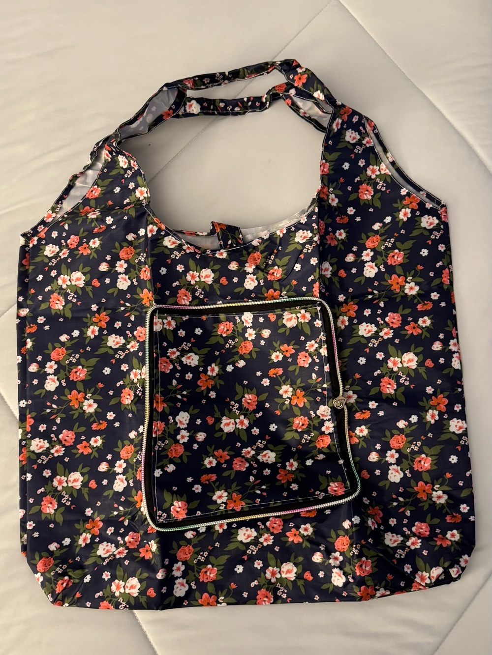 Foldable Reusable Shopping Tote Bag Navy Floral Zip Pouch Eco Grocery